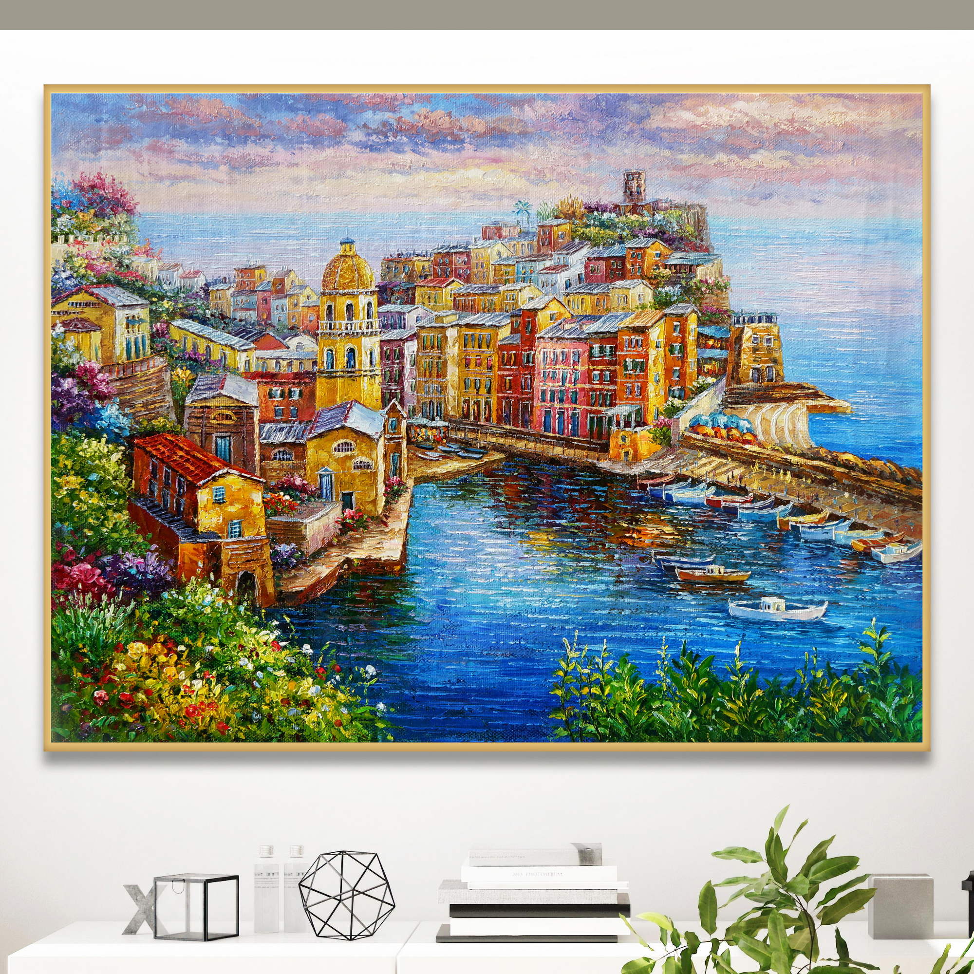 Dipinto di una vista panoramica su Vernazza nelle Cinque Terre