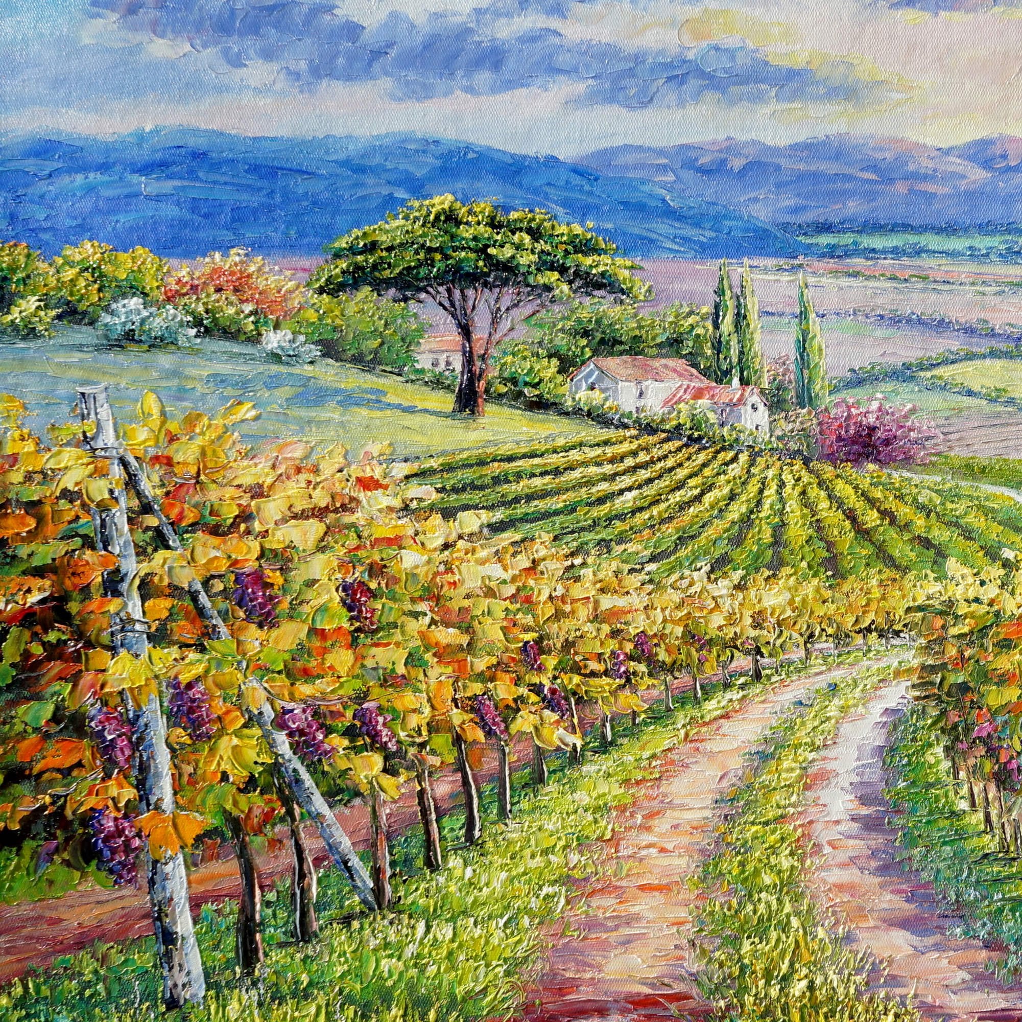 Quadro di un paesaggio vitivinicolo con vista di filari di vite e colline