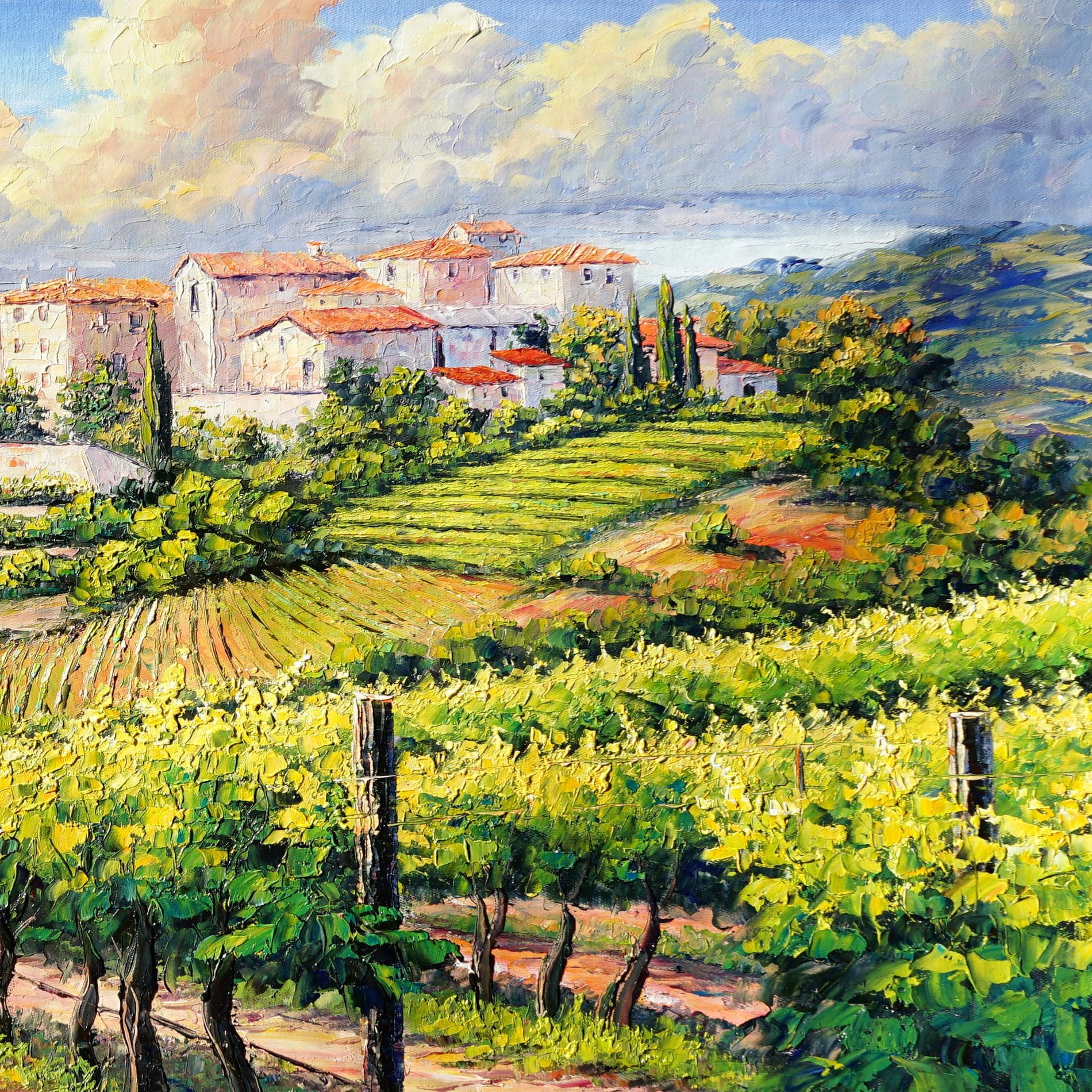 Vignobles et village médiéval peints à la main 60x120cm