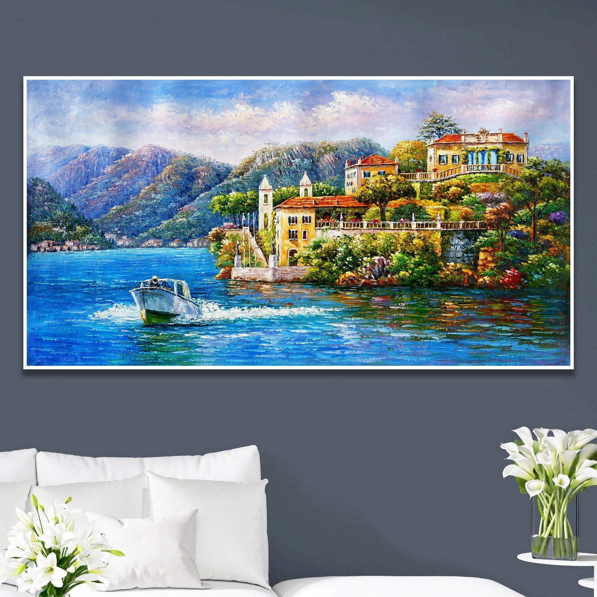 Dipinto a mano Villa Balbianello Lago di Como 60x120cm