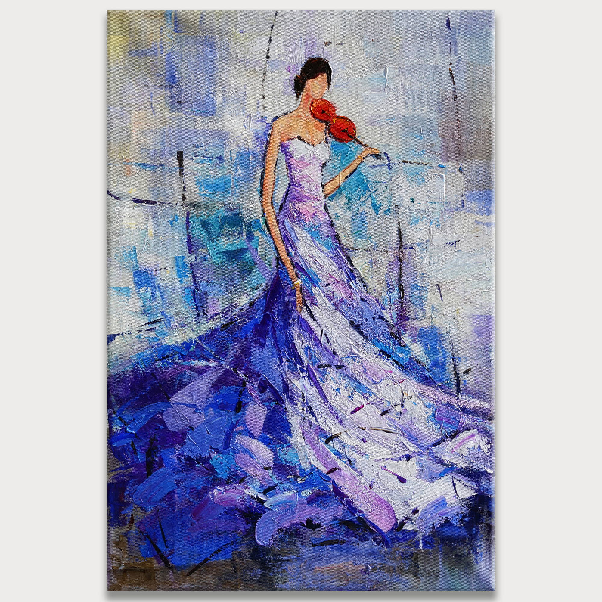 Violoniste en robe bleue peint à la main 80x120cm