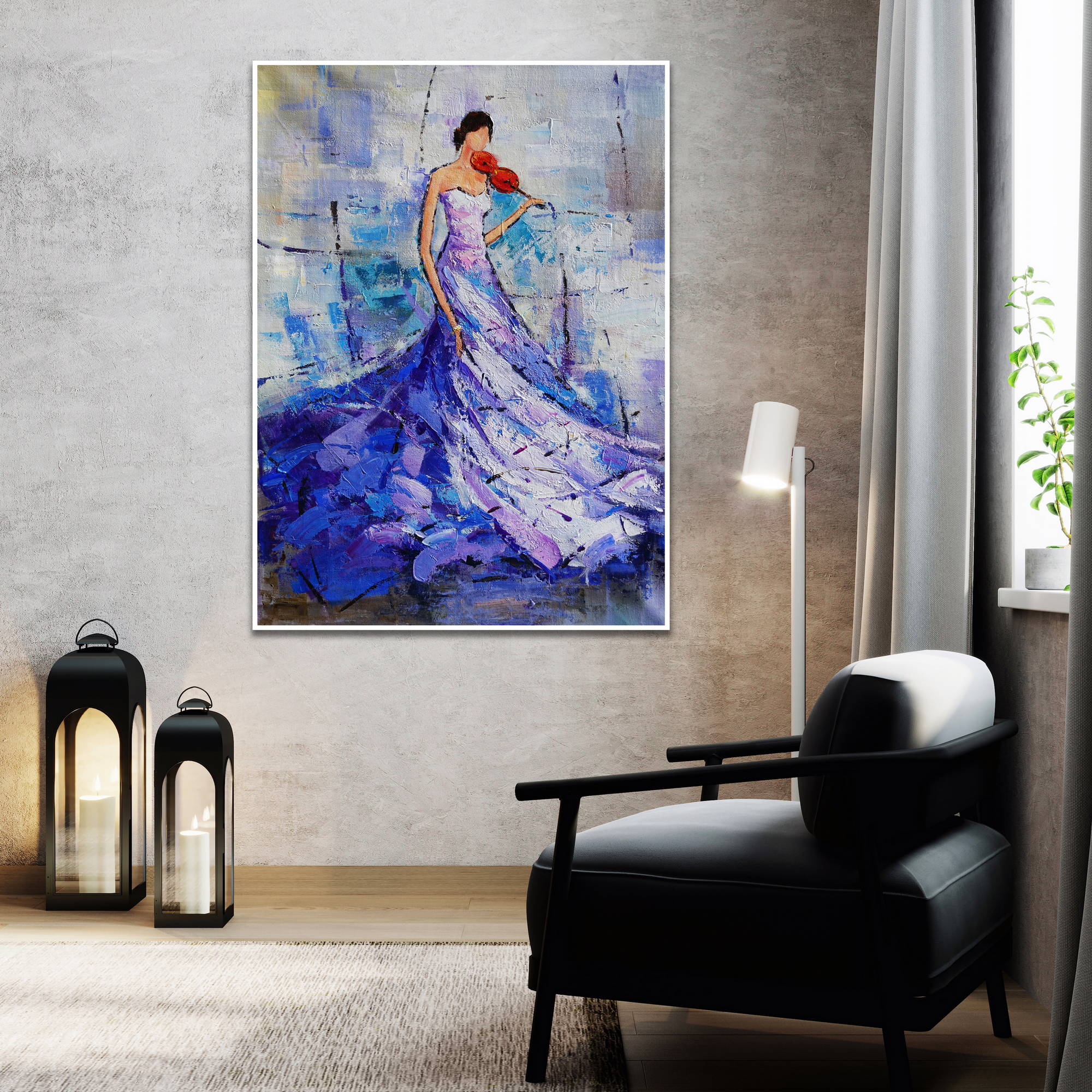 Violoniste en robe bleue peint à la main 80x120cm
