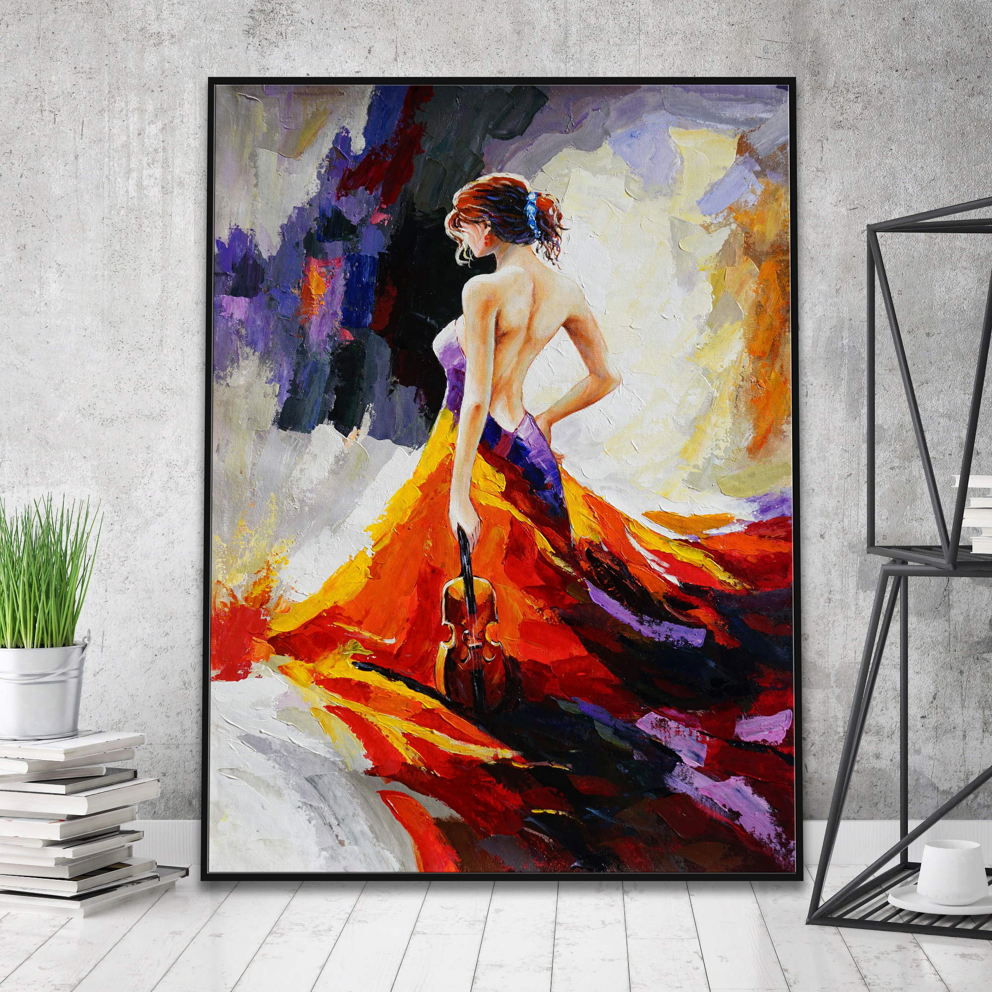 Abstract painting Violinist with brightly colored dress 75x100cm
