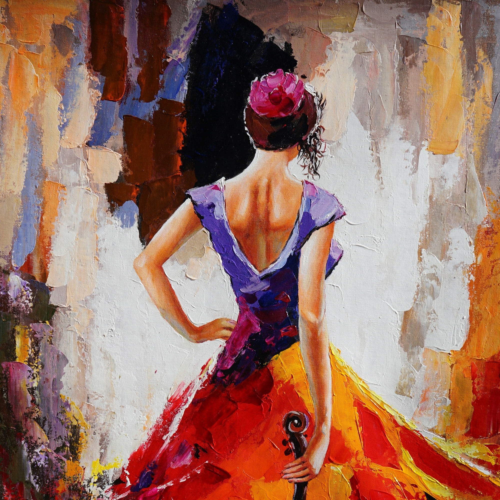 Abstract painting Violinist in red dress 75x100cm