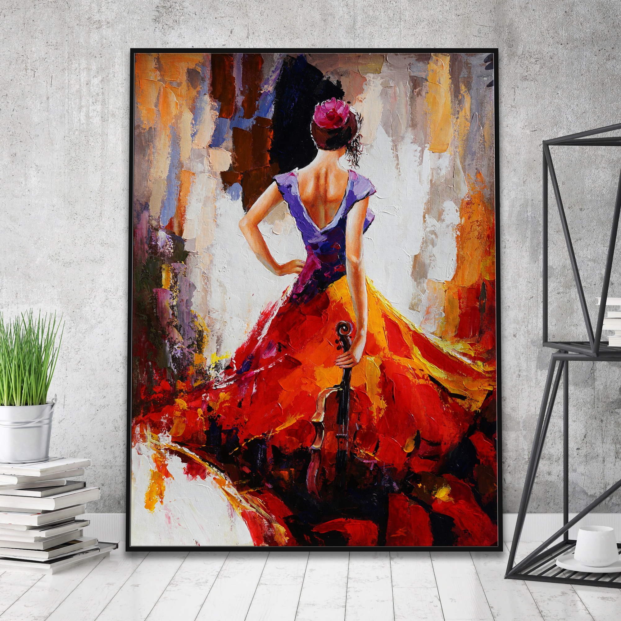 Abstract painting Violinist in red dress 75x100cm