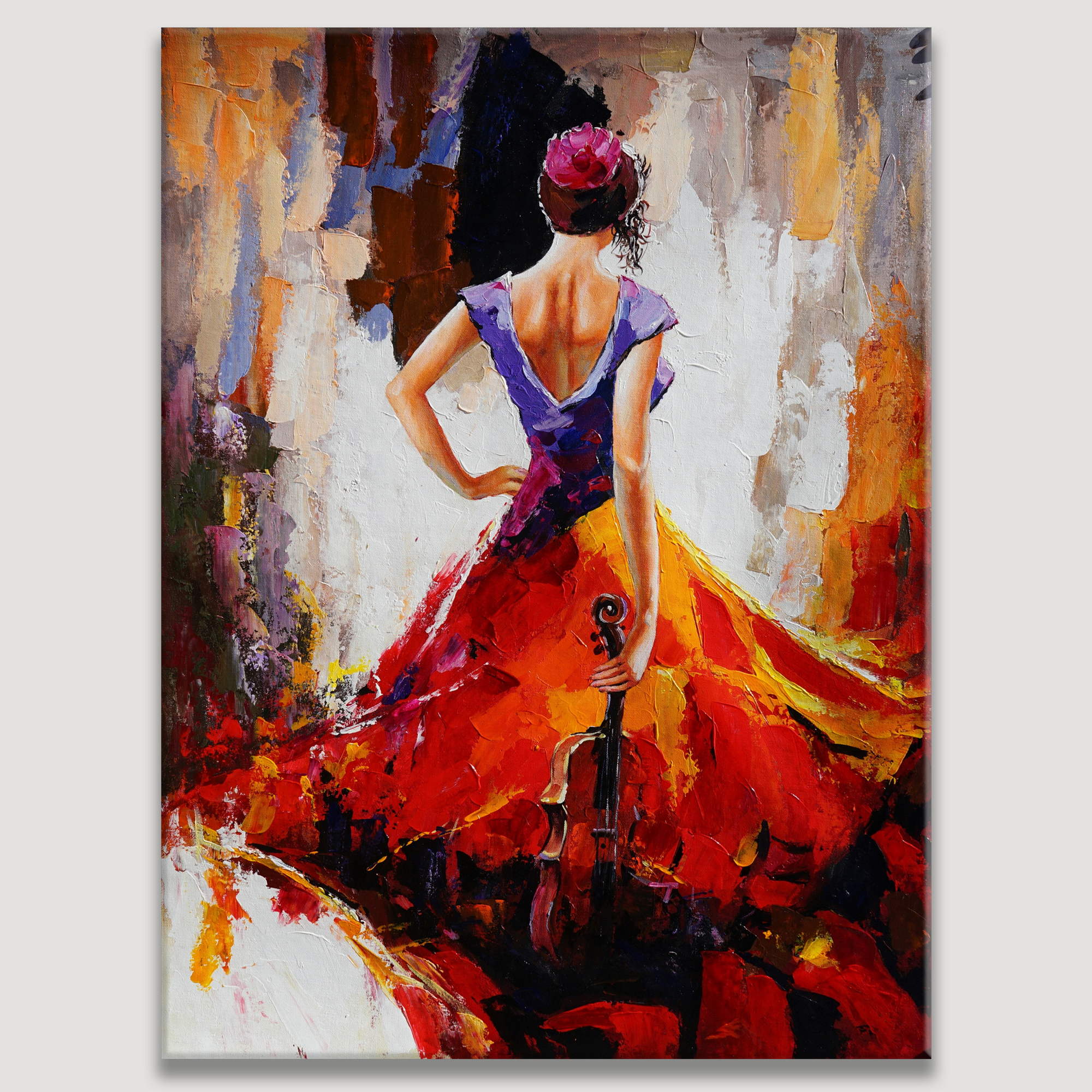 Tableau abstrait Violoniste en robe rouge 75x100cm