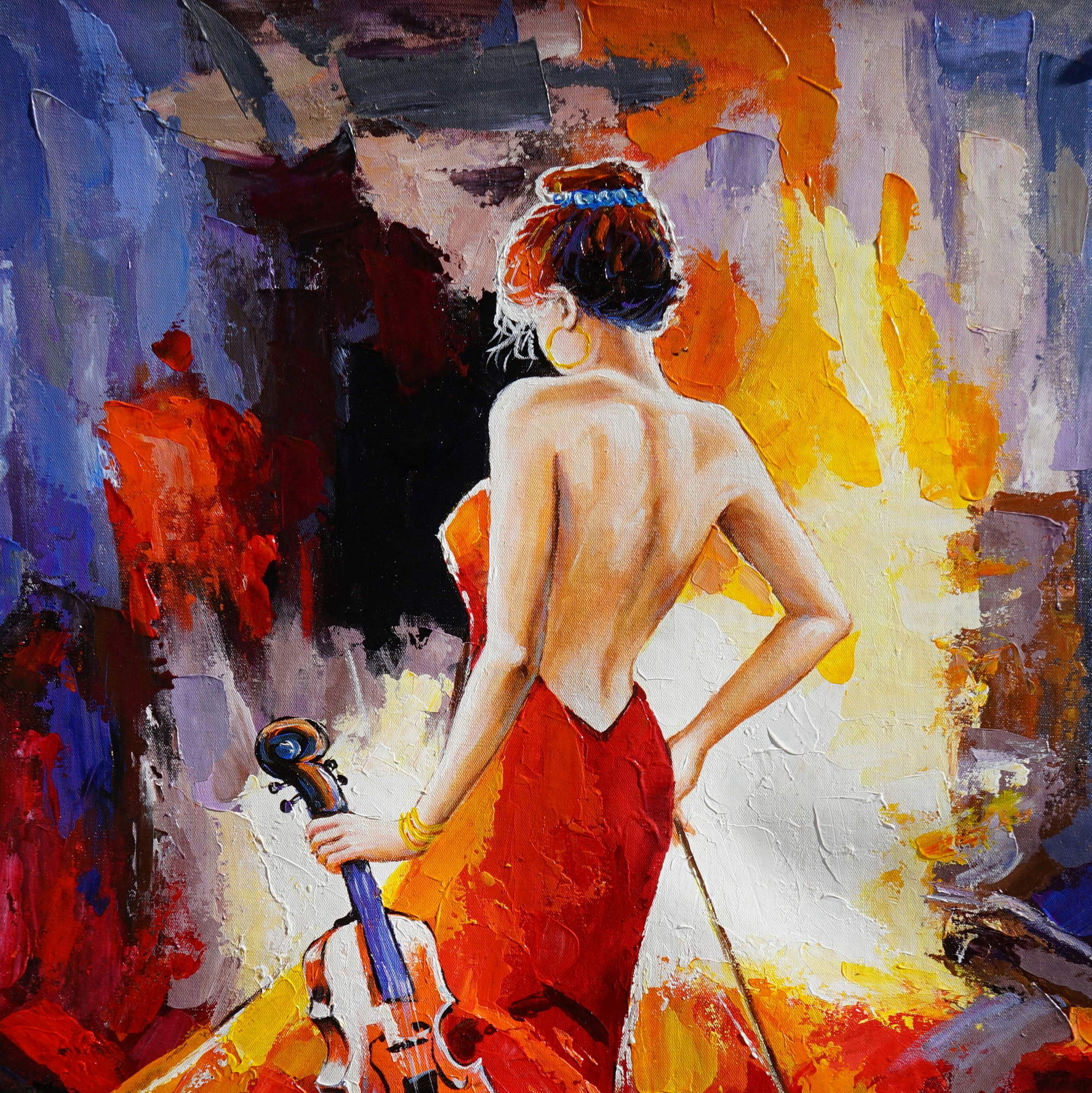 Modern painting Woman in red dress and violin 75x100cm