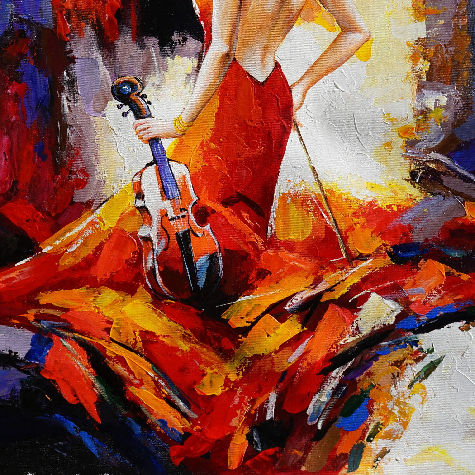 Quadro moderno Donna in abito rosso e violino 75x100cm