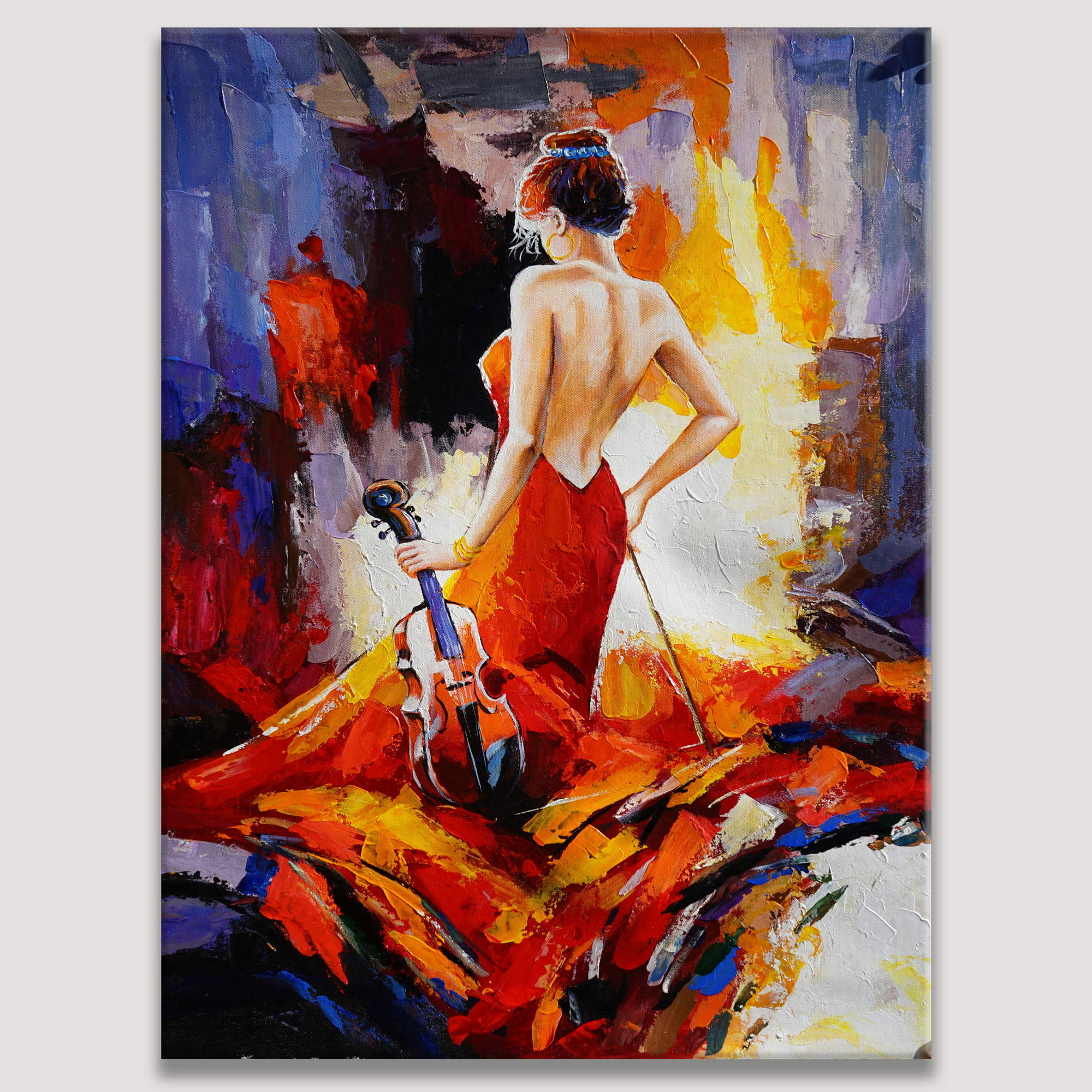 Modern painting Woman in red dress and violin 75x100cm